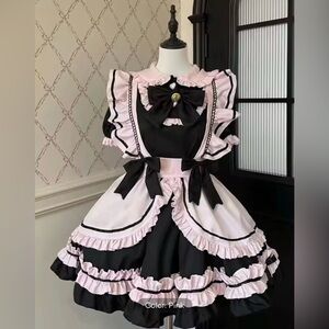 NEW Sweet Harajuku Lolita Black and Pink Ruffled Dress with Bows